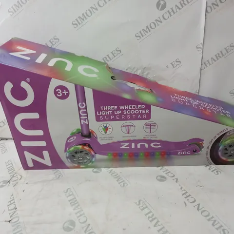 BOXED ZINC THREE WHEELED LIGHT UP SCOOTER SUPERSTAR
