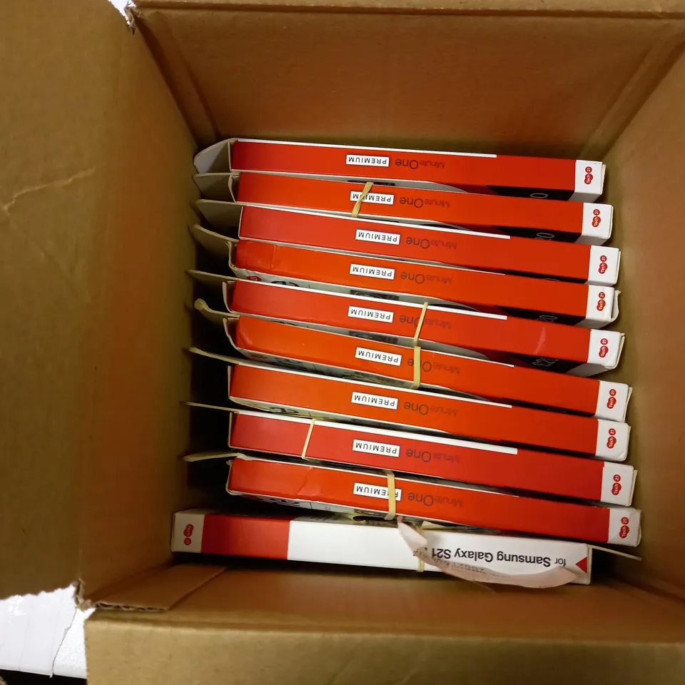 BOX OF APPROX 10 TECH 21 MINUTE ONE PREMIUM PHONE CASE AND SCREEN PROTECTOR FOR ASSORTED PHONES