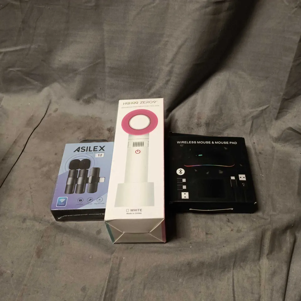 APPROXIMATELY 8 ASSORTED HOUSEHOLD ITEMS TO INCLUDE WIRELESS MOUSE, WIRELESS MICROPHONE, PORTABLE ELECTRIC FAN ETC