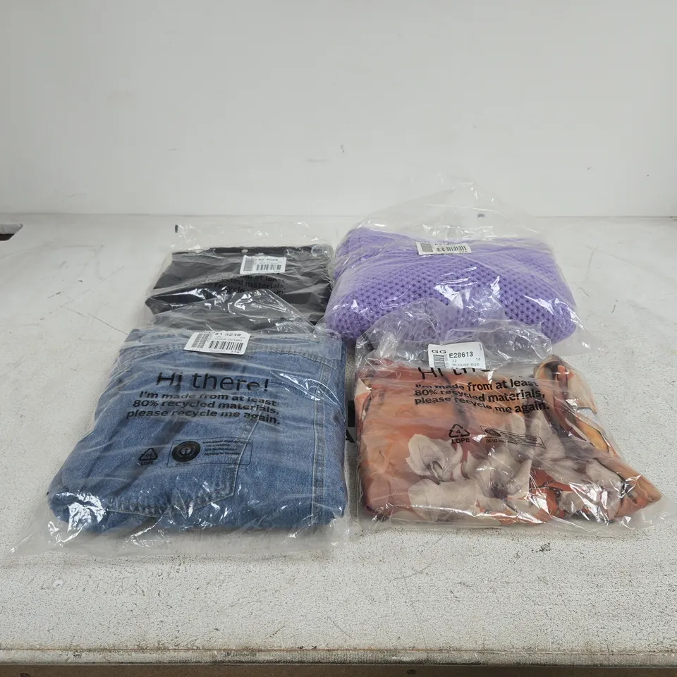 BOX OF APPROXIMATELY 20 ASSORTED CLOTHING ITEMS TO INCLUDE BLOUSE, DARK DENIM JEANS, LAVENDER SWEATER ETC