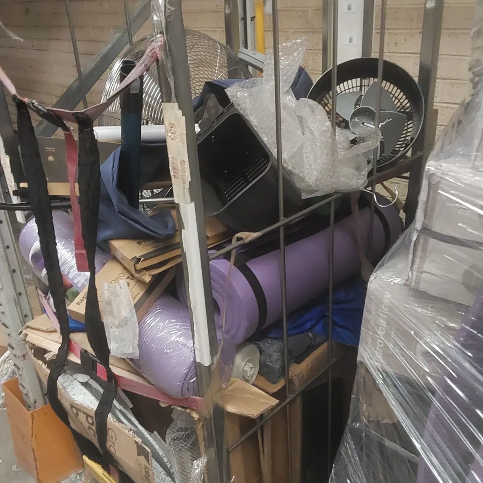CAGE CONTAINING A LARGE QUANTITY OF ASSORTED ITEMS INCLUDING: FAN, YOGA MATS, PARASOL BASE ECT // CAGE NOT INCLUDED