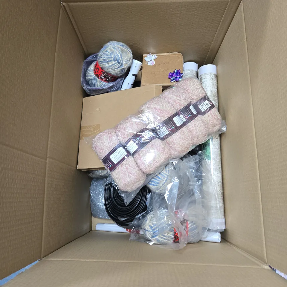 BOX OF APPROXIMATELY 20 ASSORTED HOUSEHOLD ITEMS INCLUDING MY LOVE YARN , INFRARED CONTROL VALVE AND WIRELESS LED LIGHTS 