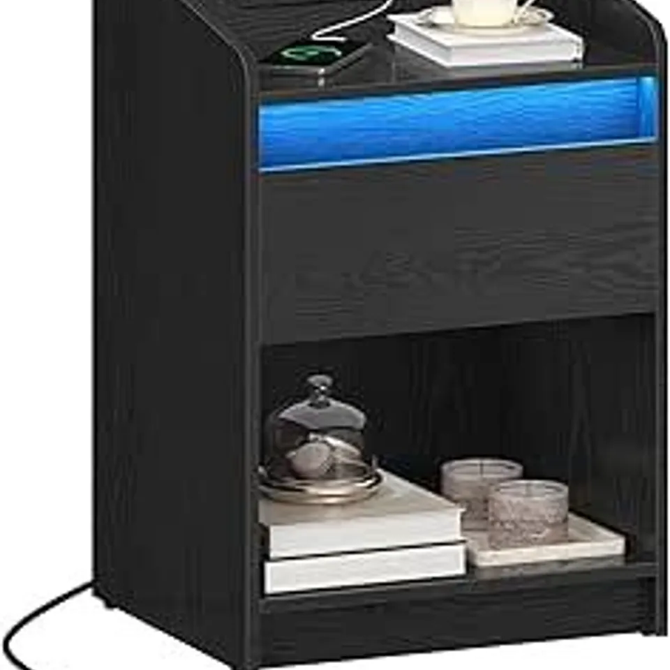 BOXED BOHZUANERI BEDSIDE TABLE WITH LED LIGHT, BEDSIDE CABINET WITH CHARGING STATION, 1 STORAGE DRAWER NIGHTSTAND FOR BEDROOM, LIVING ROOM, 2 USB PORT, 2 OUTLETS, OPEN COMPARTMENT, BLACK