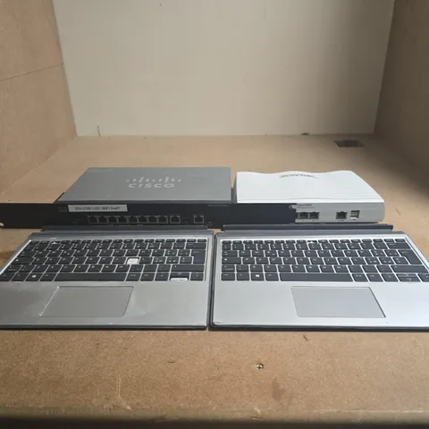 BOX OF APPROXIMATELY 12 ASSORTED COMPUTER RELATED ITEMS/SPARE PARTS TO INCLUDE CISCO 10 PORT SWITCH, DRAYTEK VIGOR2862 SECURITY FIREWALL, KEYBOARD ATTACHMENTS ETC