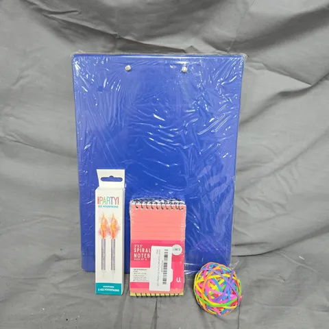 APPROXIMATELY 15 ASSORTED HOUSEHOLD ITEMS TO INCLUDE ASSORTED CLIPBOARDS, PARTY ICE FOUNTAINS AND A RUBBER BAND BALL
