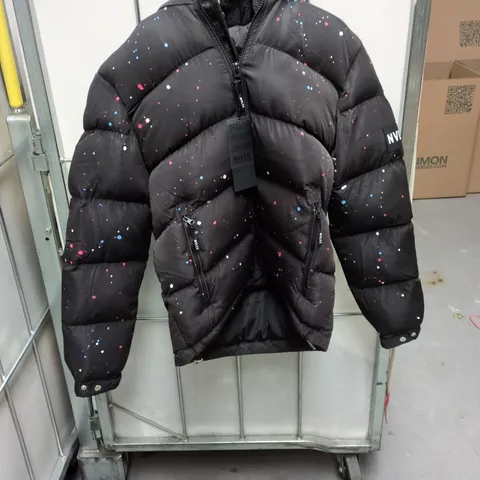NVLTY PUFFER JACKET – BLACK PAINT-SPLATTER, SIZE S