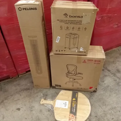 PALLET OF ASSORTED HOUSEHOLD GOODS & PRODUCTS TO INCLUDE; TOWER FAN, PIZZA PEELS, OFFICE CHAIR, PAPER SHREDDER ETC