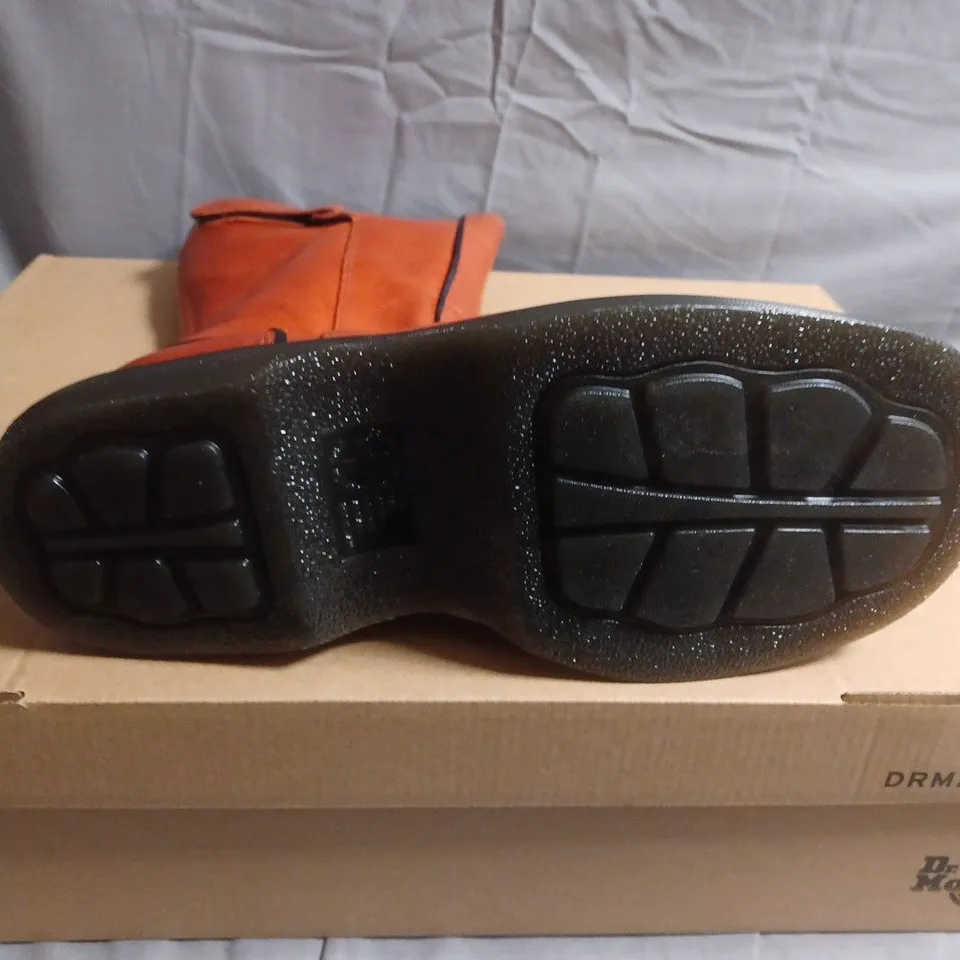 BOXED PAIR OF DR. MARTENS LEATHER BOOTS – ORANGE-BROWN TALL SHAFT - UK SIZE 8