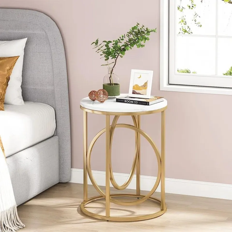 BOXED GRAFORD MODERN ROUND END TABLE, FAUX MARBLE SOFA SIDE TABLE, COFFEE TABLE COCKTAIL TABLE