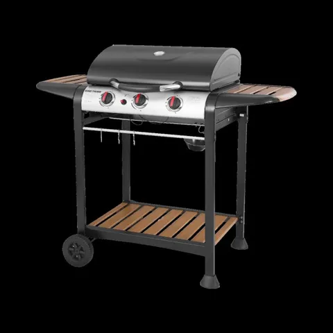 BOXED GEORGE FOREMAN GFGBBQ3BW 3 BURNER GRILL GAS BBQ - BLACK & WOOD EFFECT