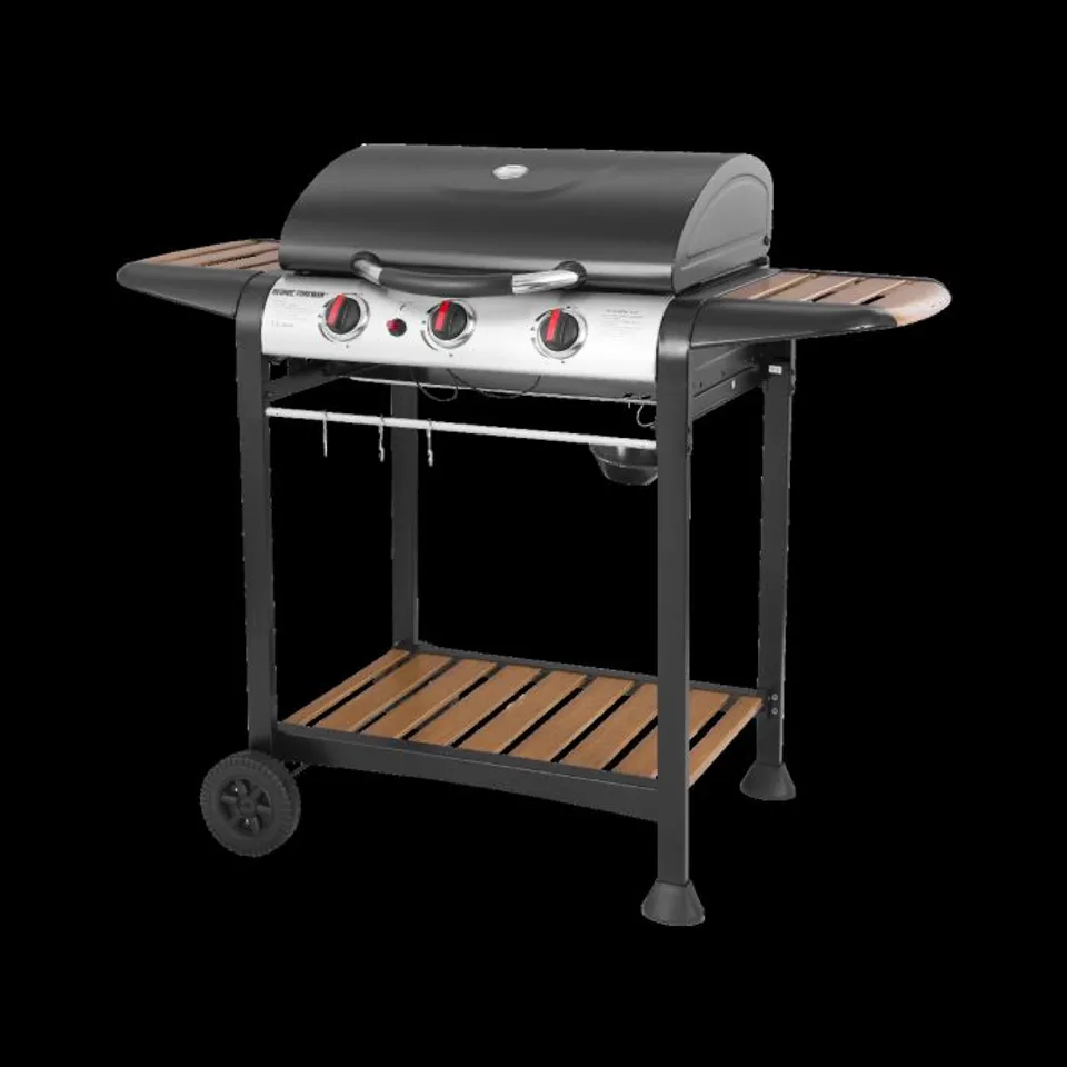 BOXED GEORGE FOREMAN GFGBBQ3BW 3 BURNER GRILL GAS BBQ - BLACK & WOOD EFFECT