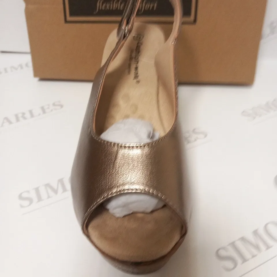 BOXED PAIR OF CUSHION WALK WEDGE HEEL SHOES IN GOLD - SIZE 5