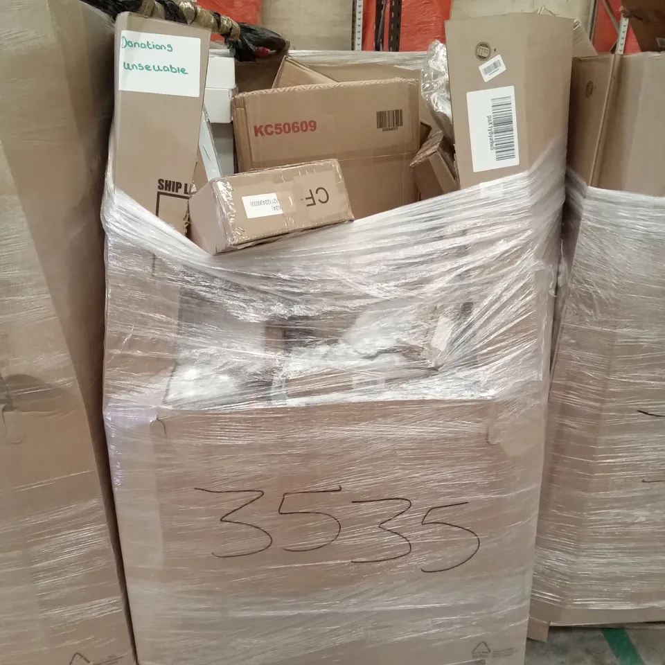 PALLET OF ASSORTED ITEMS INCLUDING STOREMIC TOILET SEAT, WALL MOUNTED IRONING BOARD, VIOZON LAPTOP & MONITOR DESKTOP MOUNT, OAK FLOATING SHELF  60CM, SIMPLY WIRE FOLDING DISH RACK, TURNTABLE SYSTEM 