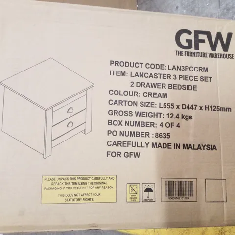 BOXED LANCASTER 2 DRAWER BEDSIDE TABLE