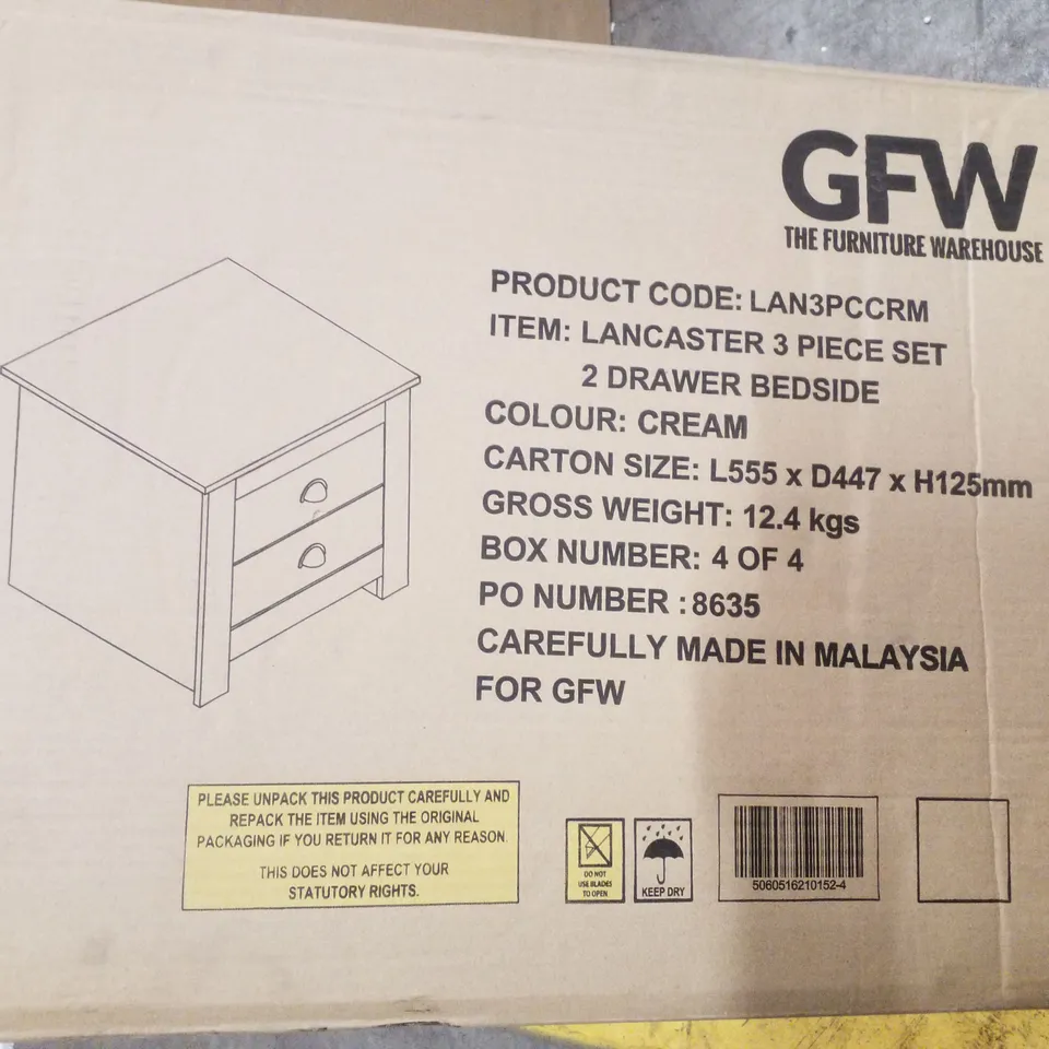BOXED LANCASTER 2 DRAWER BEDSIDE TABLE