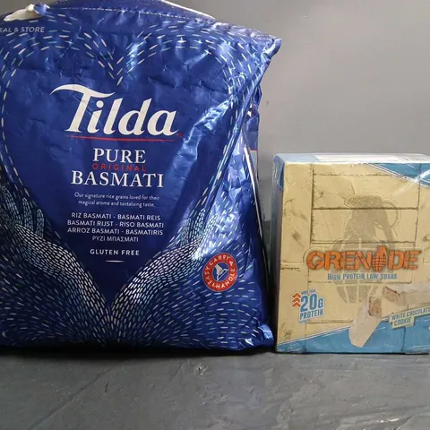 TOTE OF APPROX 2 ASSORTED FOOD ITEMS TO INCLUDE - TILDA PURE BASMATI RICE , GRENADE WHITE CHOCOLATE COOKIE 