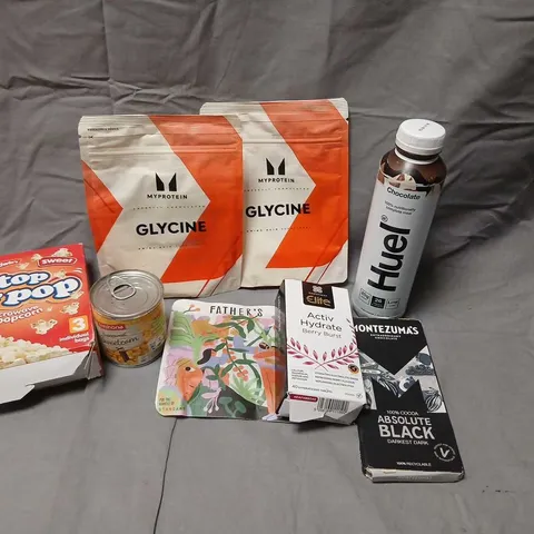 EIGHT ASSORTED PRODUCTS TO INCLUDE; HUEL CHCOLATE DRINK, MONTEZUMAS 100% COCOA DARKEST DARK, ELITE ACTIV HYDRATE BERRY BURST AND MY PROTEIN GLYCINE