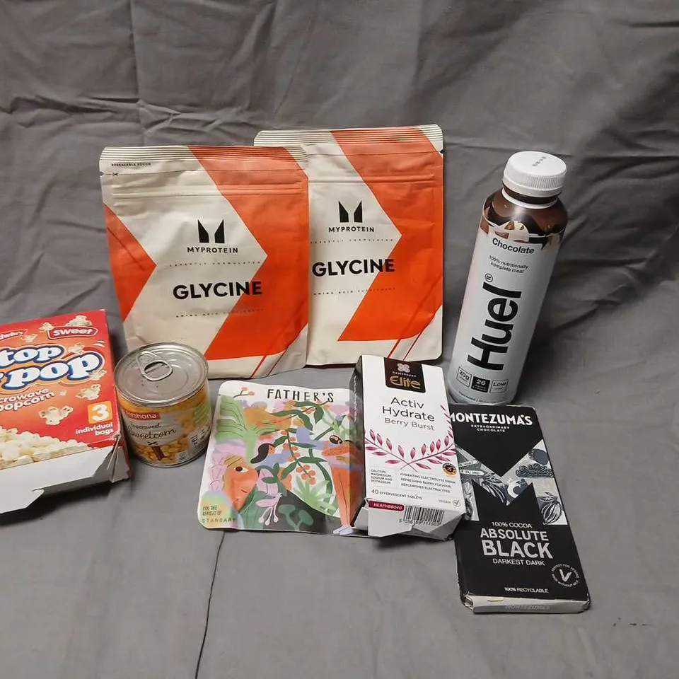 EIGHT ASSORTED PRODUCTS TO INCLUDE; HUEL CHCOLATE DRINK, MONTEZUMAS 100% COCOA DARKEST DARK, ELITE ACTIV HYDRATE BERRY BURST AND MY PROTEIN GLYCINE