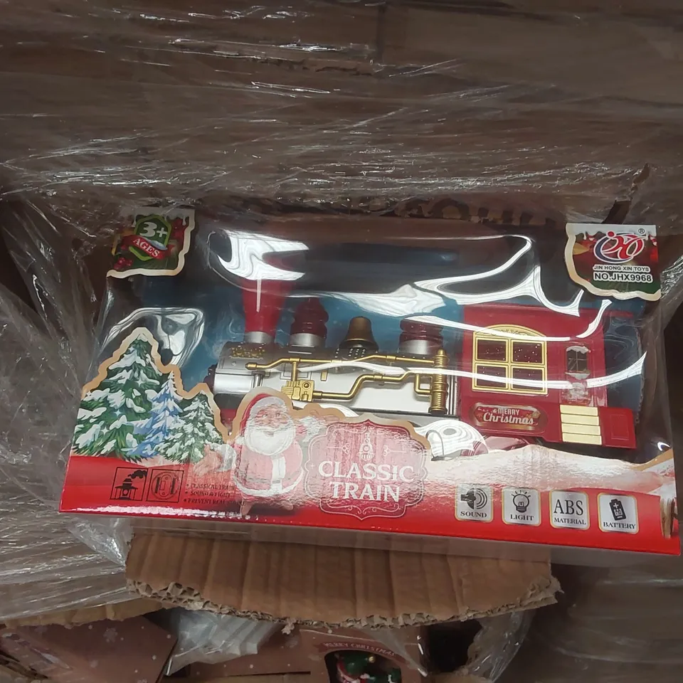 PALLET CONTAINING A VERY LARGE QUANTITY OF ASSORTED ITEMS INCLUDING: CHRISTMAS TRAINS, CHRISTMAS STORAGE BAGS, CHRISTMAS LETTER RACKS, LIGHT UP PENGUINS ECT
