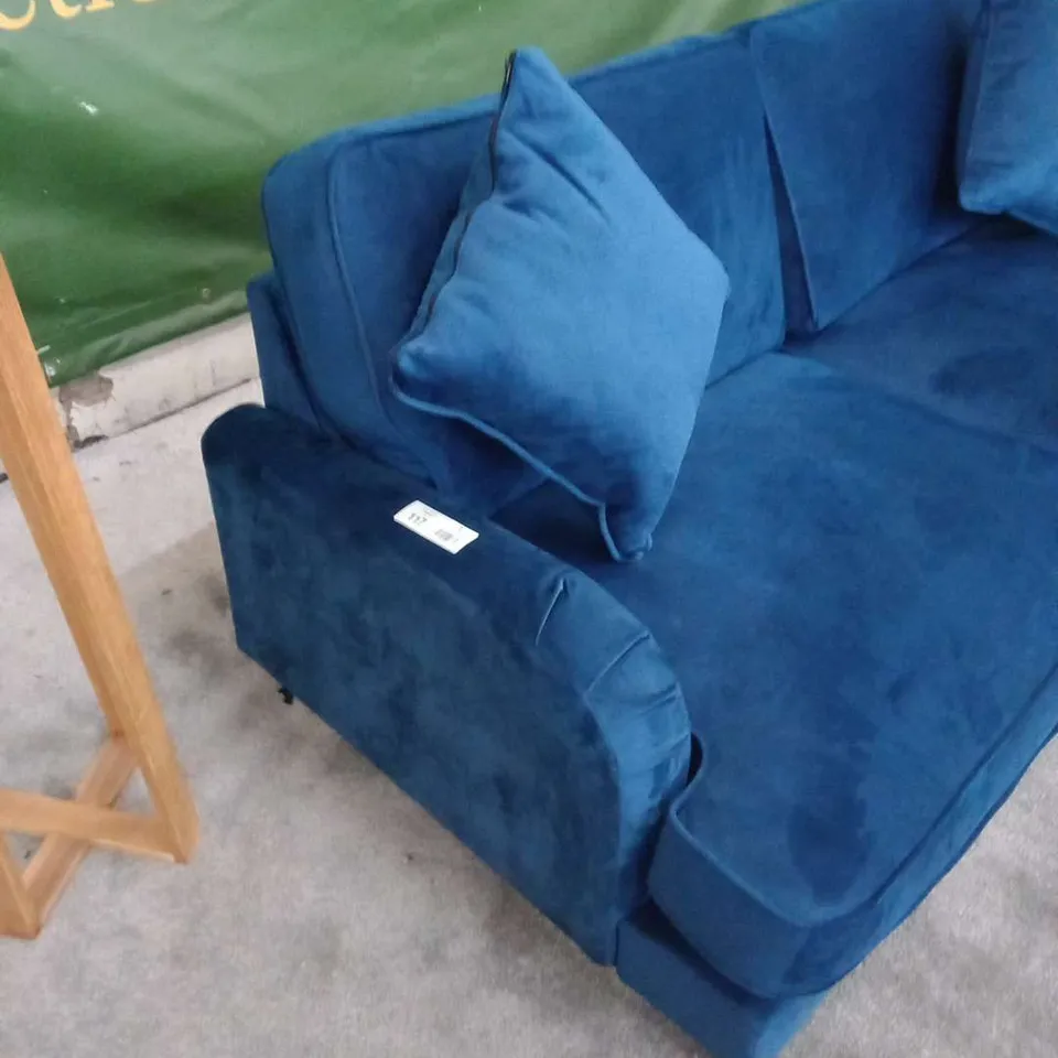 DESIGNER FABIOLA BLUE VELVET EFFECT FABRIC THREE SEATER SOFA