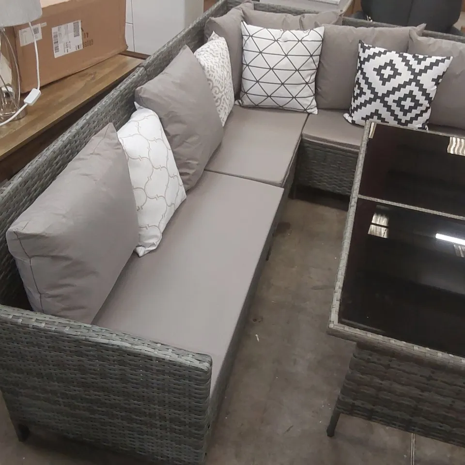 DESIGNER RATTAN CORNER SOFA WITH TABLE, STOOLS AND CUSHIONS