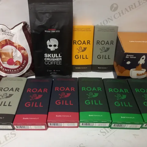 BOX OF APPROXIMATELY 10 ASSORTED COFFEE PRODUCTS TO INCLUDE SKULL CRUSHER, ROAR GILL, SENSO NOCTURNO ETC