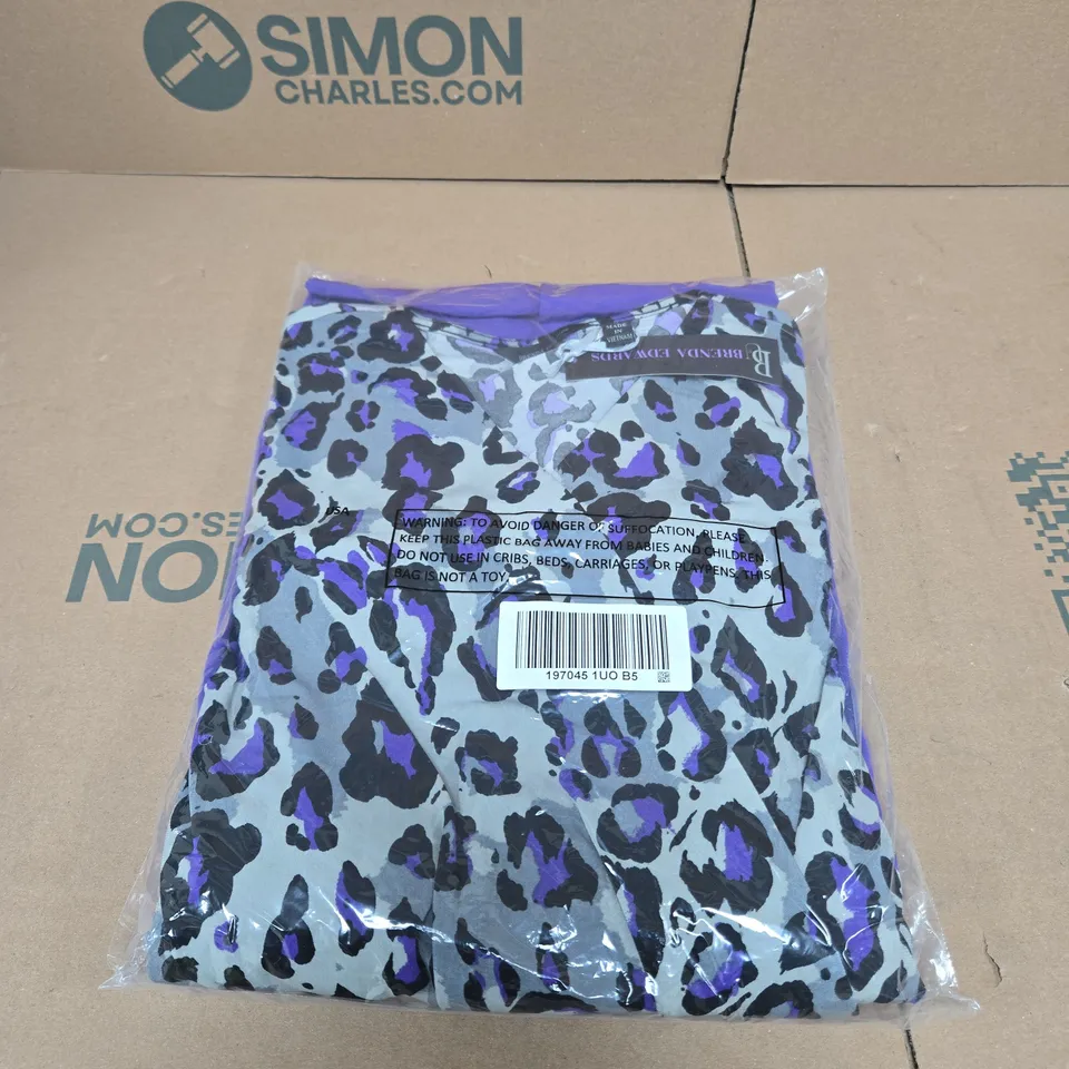 BRENDA EDWARDS JUMPSUIT WITH PURPLE TROUSERS AND PATTERNED TOP, UK SIZE MEDIUM. BAGGED WITH TAGS.