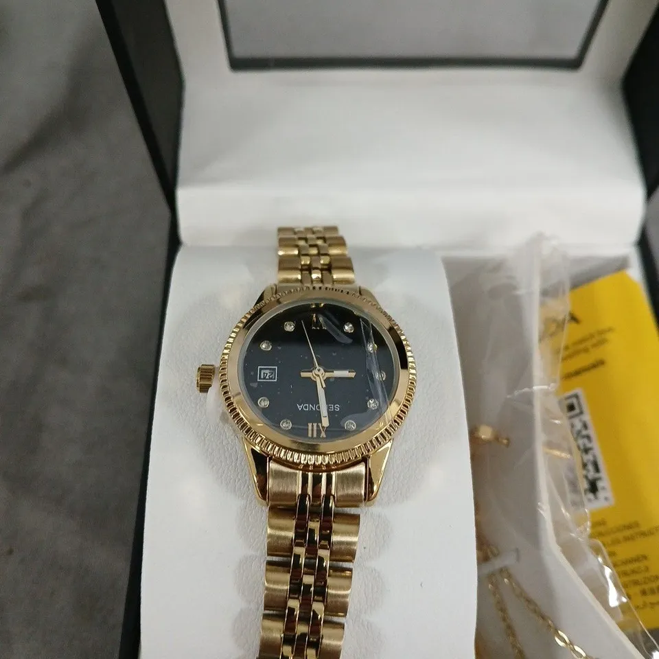 SEKONDA GIFT SET WOMENS 26MM ANALOGUE WATCH WITH YELLOW GOLD STONE SET BLACK DIAL, YELLOW GOLD STAINLESS STEEL BRACELET MATCHING PENDANT AND EARRINGS