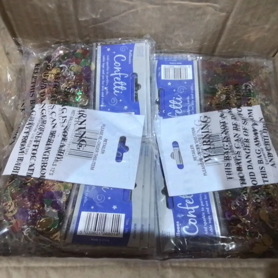LOT OF 144 BRAND NEW 14G PACKS OF BALLOONS AND SWIRL CONFETTI IN MULTI