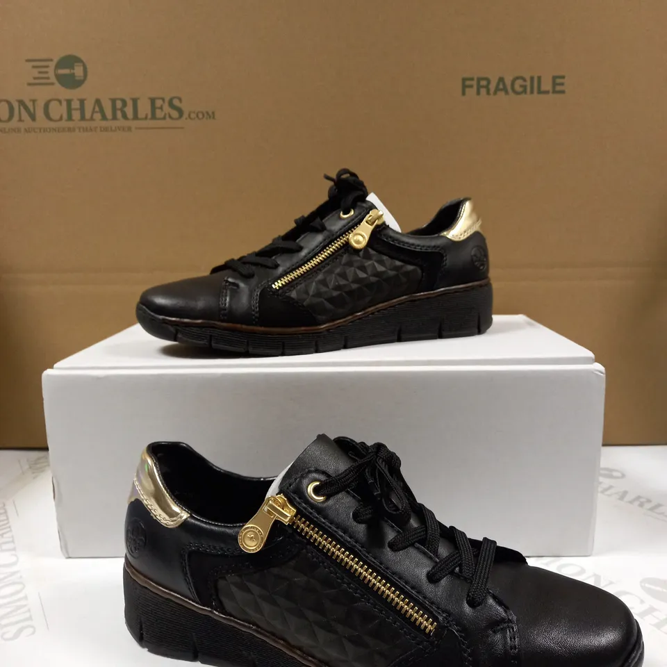 BOXED PAIR RIEKER BROWN & GOLD LACE UP/ZIP WEDGE TRAINERS, EU SIZE 39