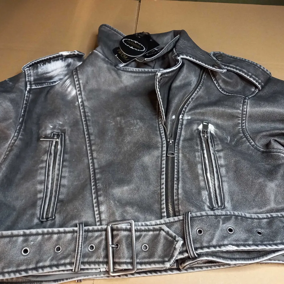 FLAM MODES ZIP UP CROP LEATHER JACKET IN DIRTY GREY - LARGE