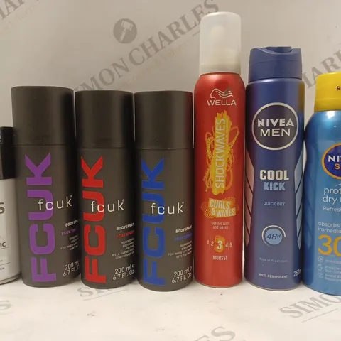 BOX OF APPROX 10 ASSORTED AEROSOLS TO INCLUDE FCUK BODYSPRAY, WELLA MOUSSE, NIVEA MEN DEODORANT. ETC