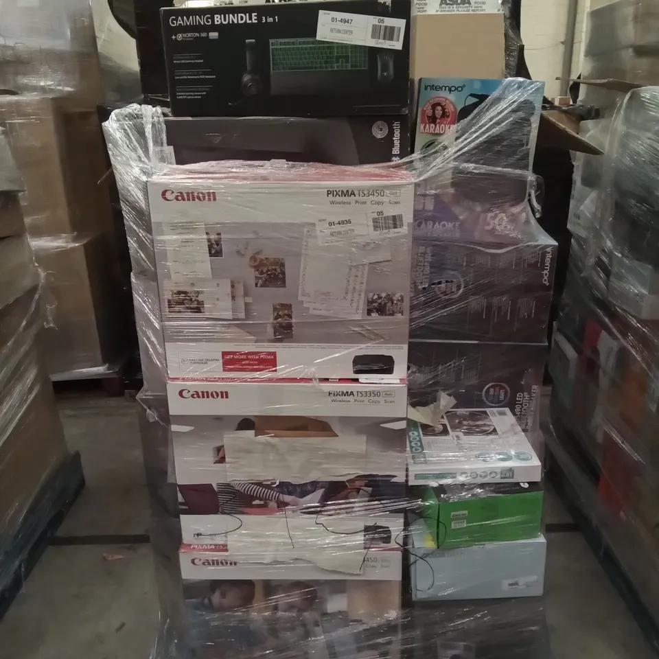 PALLET OF ASSORTED ELECTRONICS INCLUDING WIRELESS KEYBOARD & MOUSE COMBO, PORTABLE STEREO BLUETOOTH SPEAKER, CANON PIXMA PRINTER, RAZER GAMING BUNDLE, JUICE SOCIAL PERFECT GLOW RING LIGHT,