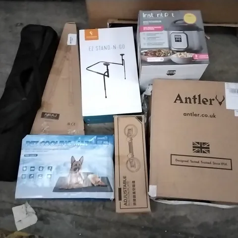PALLET OF ASSORTED ITEMS INCLUDING STANDER EZ STAND-N-GO, INSTANT POT MULTICUISEUR DUO, ANTLER, ADJUSTABLE SUCTION PLATE, PET COOLING MAT, AIRAJ PRUNING SHEARS,