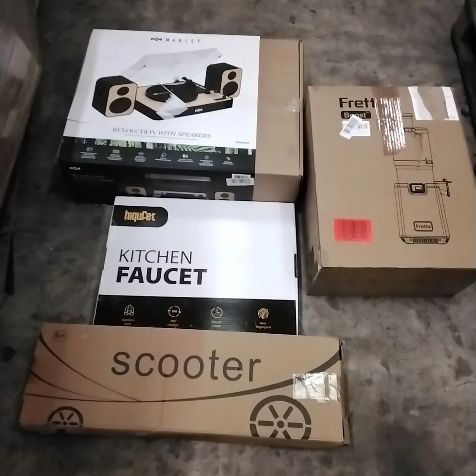 PALLET OF HOUSEHOLD ITEMS TO INCLUDE TURNTABLE SYSTEM, JUICER,KITCHEN FAUCET, SCOOTER AND OTHER ASSORTED ITEMS...