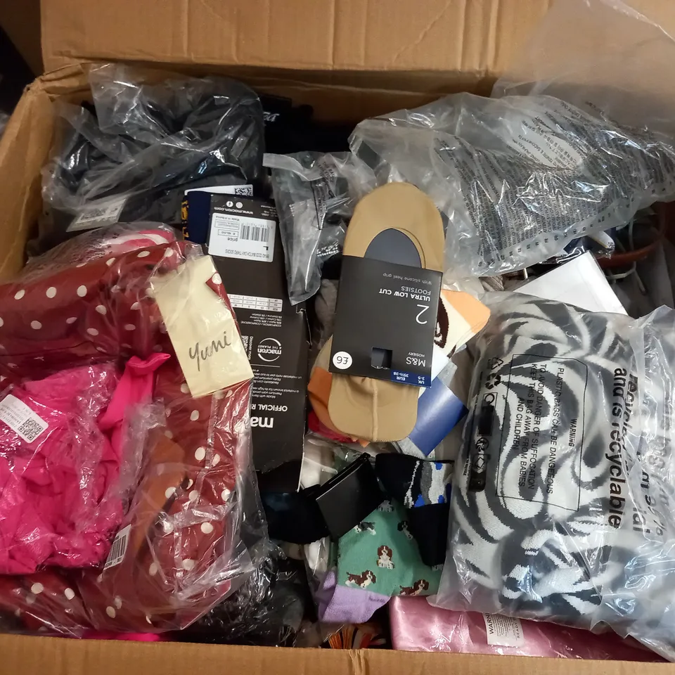  BOX OF ASSORTED CLOTHING ITEMS TOO INCLUDE DRESSES , SHIRTS AND TROUSERS IN VARIOUS SIZES AND COLOURS   