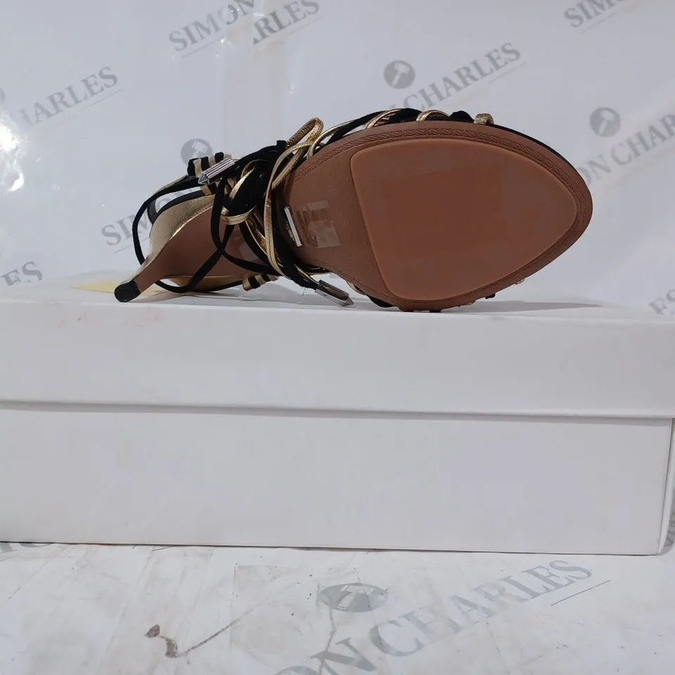 BOXED PAIR OF REISS CASSIDY STRAPPY HEELS IN BLACK/GOLD UK SIZE 4