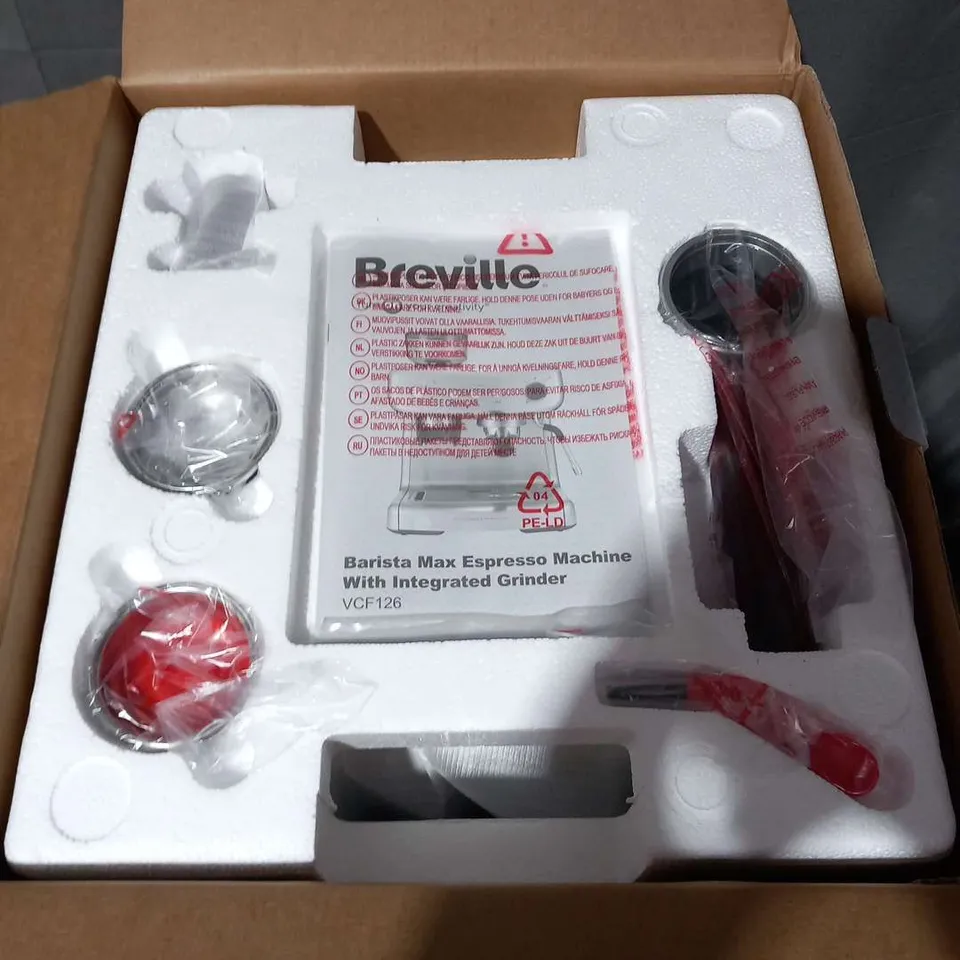 BOXED BREVILLE ESPRESSO MACHINE WITH INTEGRATED GRINDER