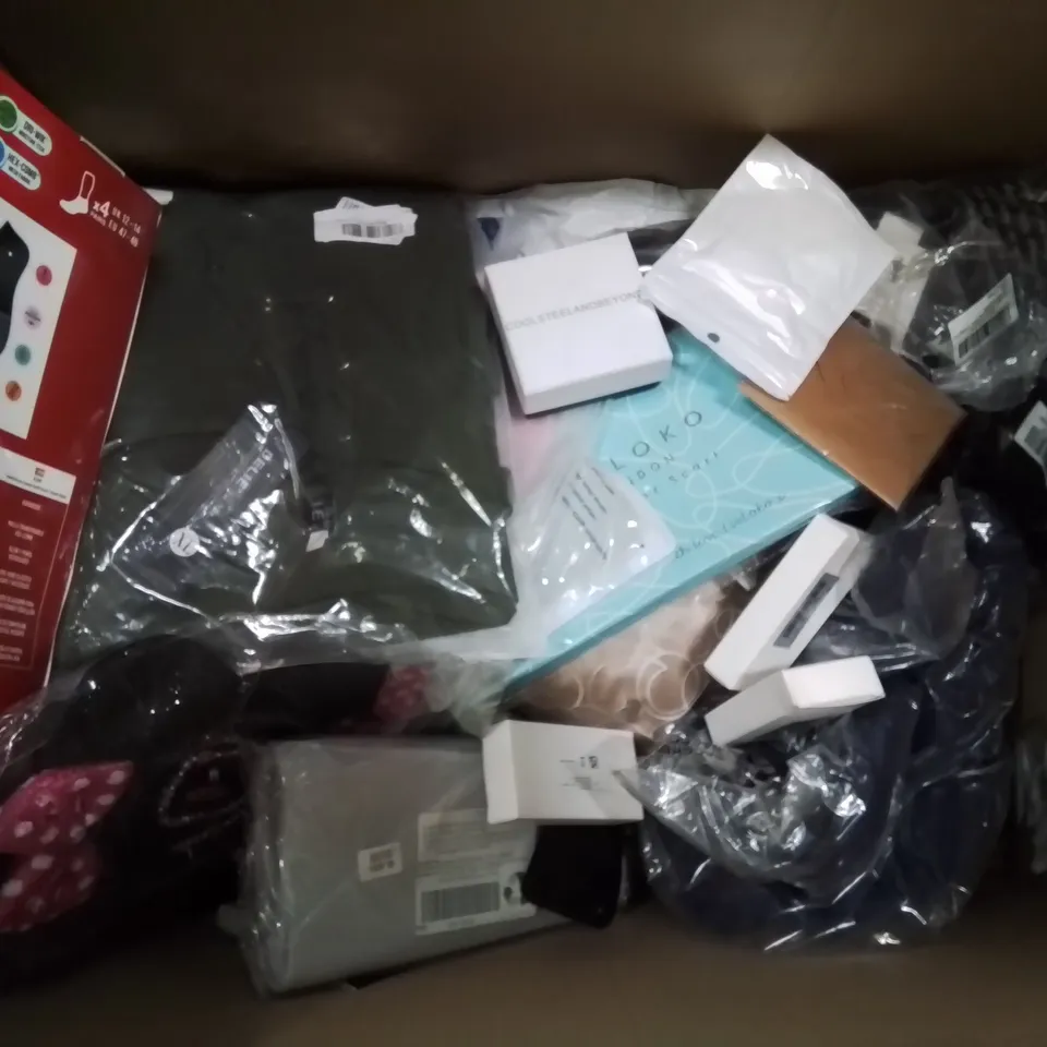 BOX CONTAINING LARGE AMOUNT OF MIXED FASHION ITEMS, SILVER PLATE AND COSTUME JEWELLERY, CLOTHING ITEMS ETC.