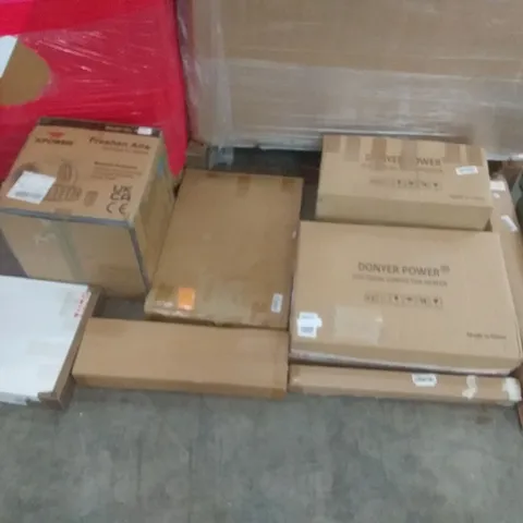 PALLET OF ASSORTED ITEMS INCLUDING DONYER POWER ELECTRICAL CONVECTOR HEATER, BULL TENT, XPOWER SCENTED AIR MOVER, FULL MOTION LONG ARM TV WALL MOUNT, SABLE DOUBLE SIZED AIR MATRESS