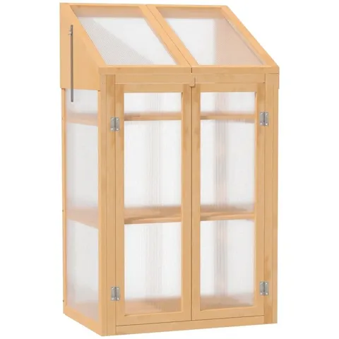 BOXED OUTSUNNY WOODEN COLD FRAME POLYCARBONATE GREENHOUSE WITH OPENABLE TOP COVER AND DOUBLE DOOR, GROW HOUSE FOR FLOWER, VEGETABLE AND PLANTS, 70 X 50 X 120CM, BROWN