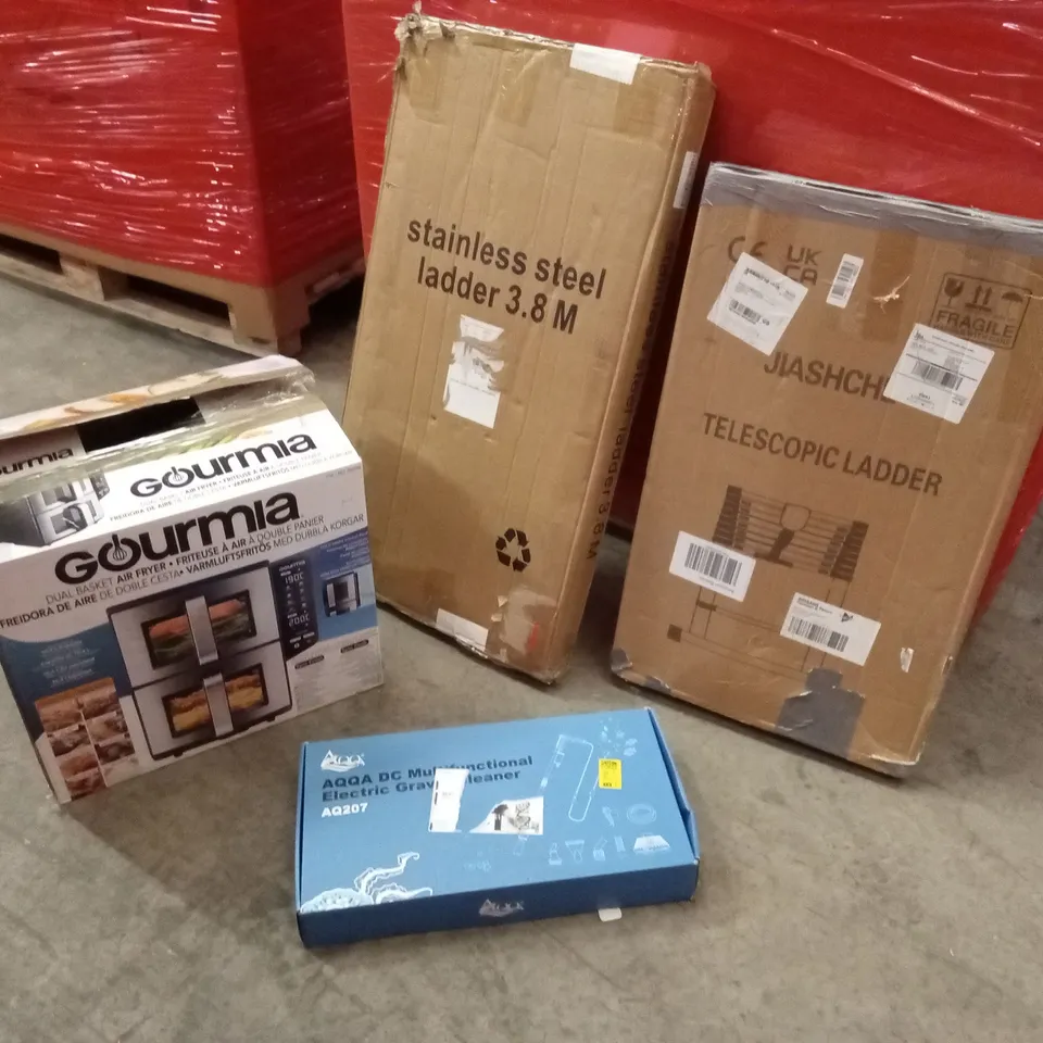 PALLET OF ASSORTED HOUSEHOLD GOODS AND PRODUCTS TO INCLUDE; LADDERS, AIR FRYER, GRAVEL CLEANER ETC