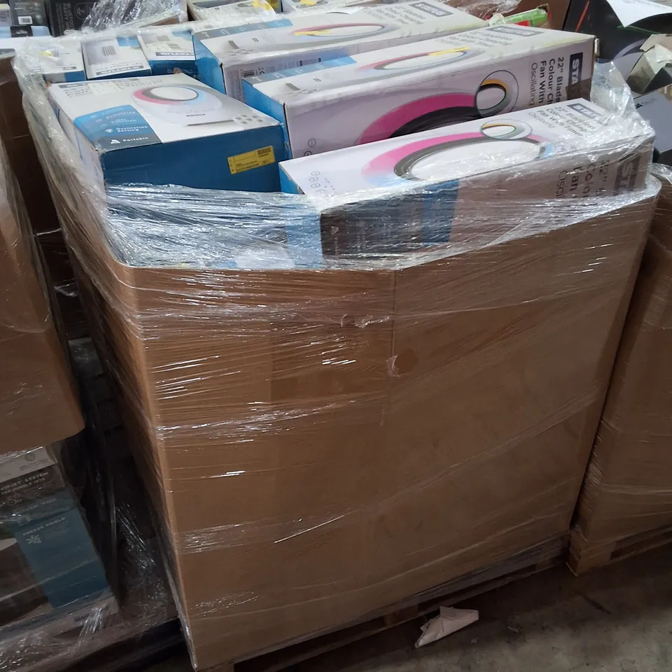 PALLET CONTAINING LARGE QUANTITY OF RETURN STATUS 22" BLADELESS COLOUR CHANGING FANS WITH TIMER & 14" TOWER FANS