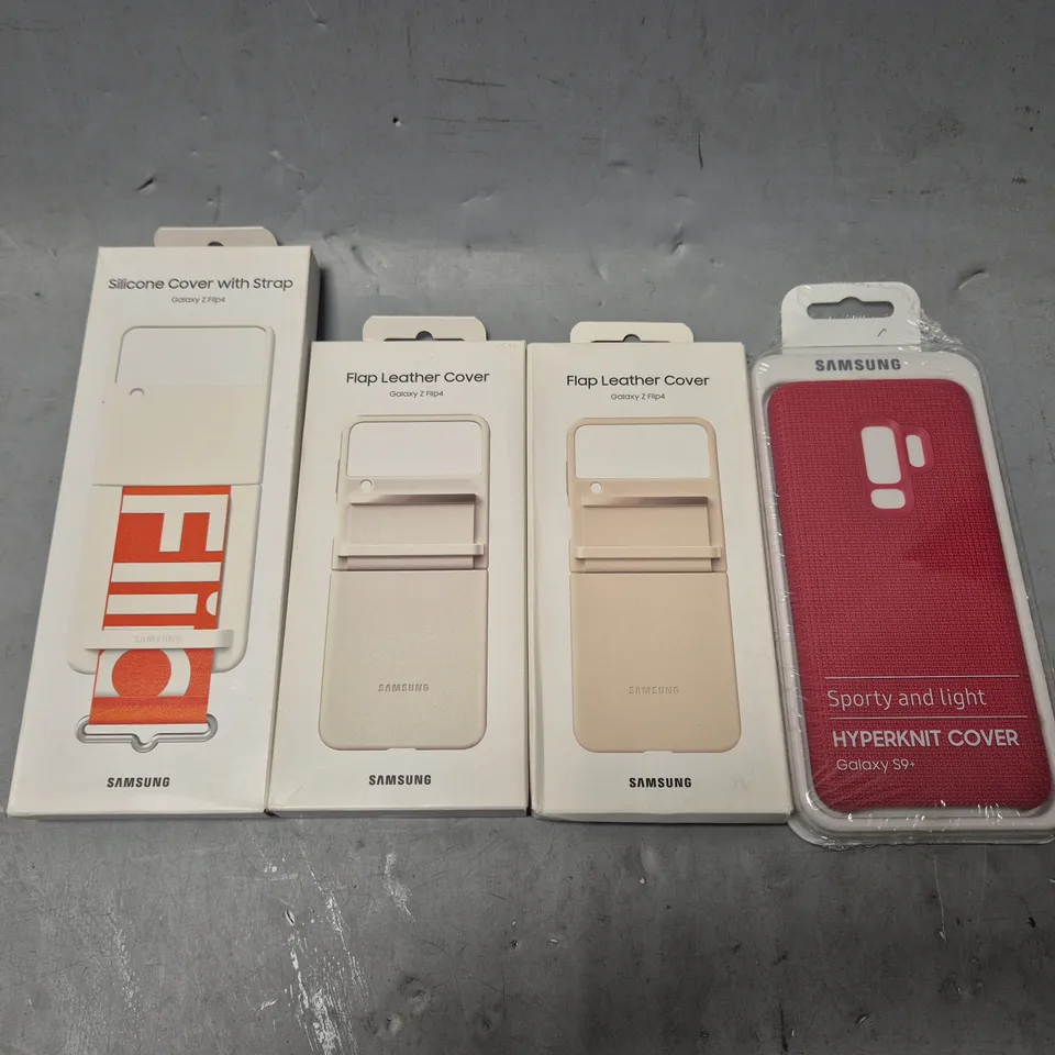 BOX OF APPROXIMATELY 45 SAMSUNG PHONE CASES TO INCLUDE - SILICONE COVER WITH STRAP , FLAP LEATHER COVER GALAXY Z FLIP 4 , HYPERKNIT COVER GALAXY S9+ ETC