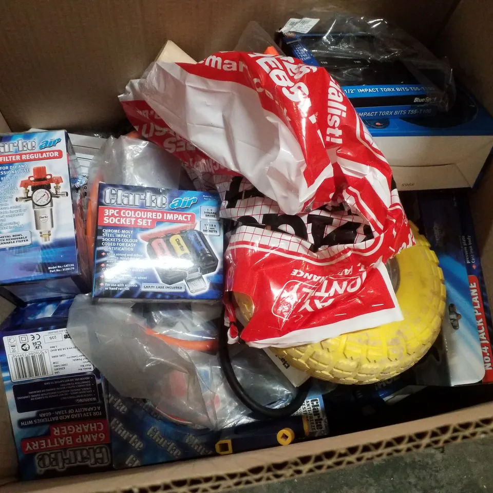 BOX CONTAINING ASSORTED PRODUCTS INCLUDING 12V TIRE SHAPED AIR COMPRESSOR, 3/8" FILTER REGULATOR, 3PC COLOURED IMPACT SOCKET SET & 6 AMP BATTERY CHARGER