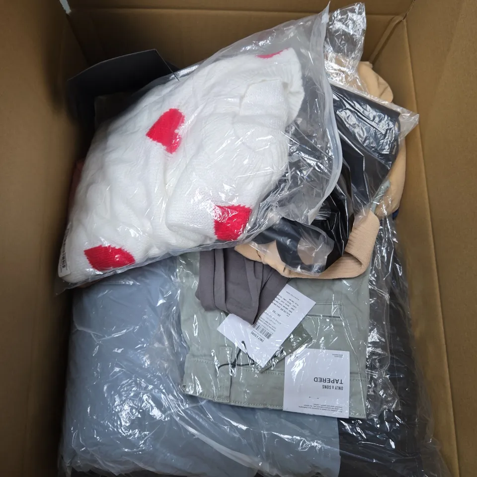 LARGE BOX OF ASSORTED CLOTHING ITEMS IN VARIOUS SIZES, STYLES AND COLOUR 