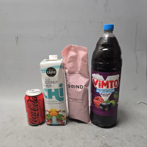 APPROXIMATELY 7 ASSORTED FOOD & DRINK ITEMS TO INCLUDE - VIMTO , GRIND HOUSE BLEND DECAF , COCONUT WATER ETC
