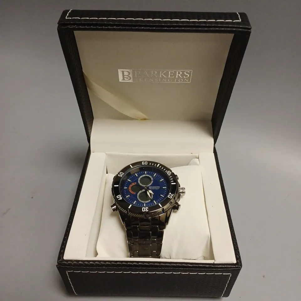 BOXED BARKERS OF KENSINGTON PREMIER SPORT BLUE DIAL WATCH 