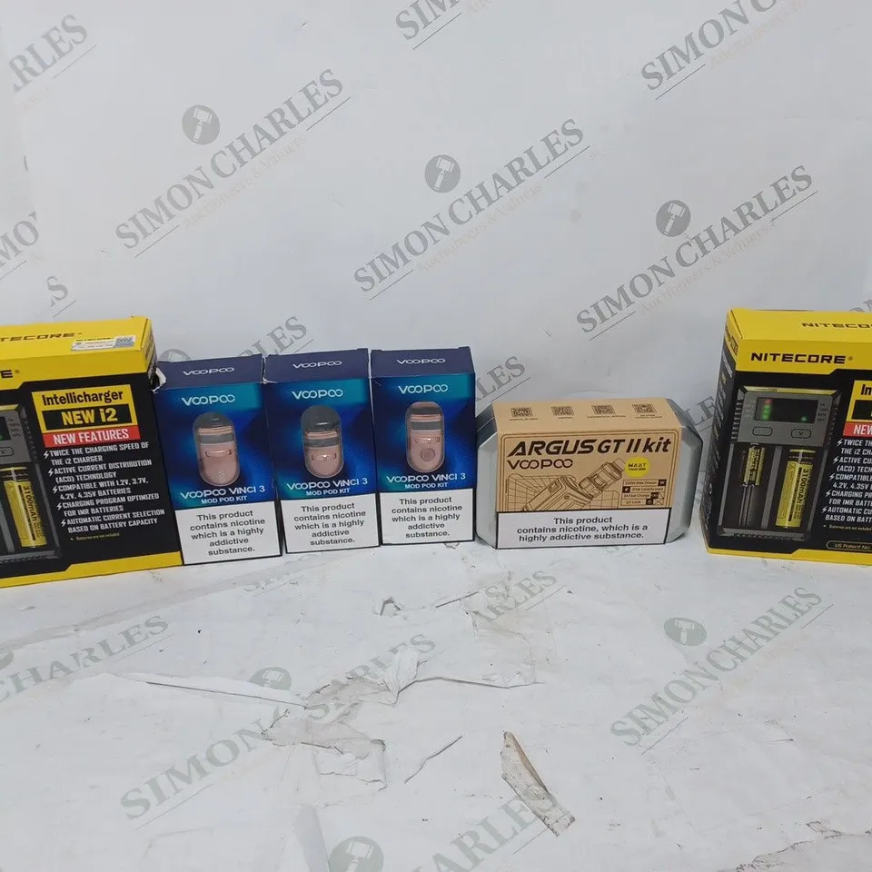 LOT OF APPROXIMATELY 10 BOXED E-CIGARETTES TO INCLUDE VOOPOO VINCI POD KIT, VOOPOO DRAG NANO X2, AND NITECORE INTELLICHARGER ETC.