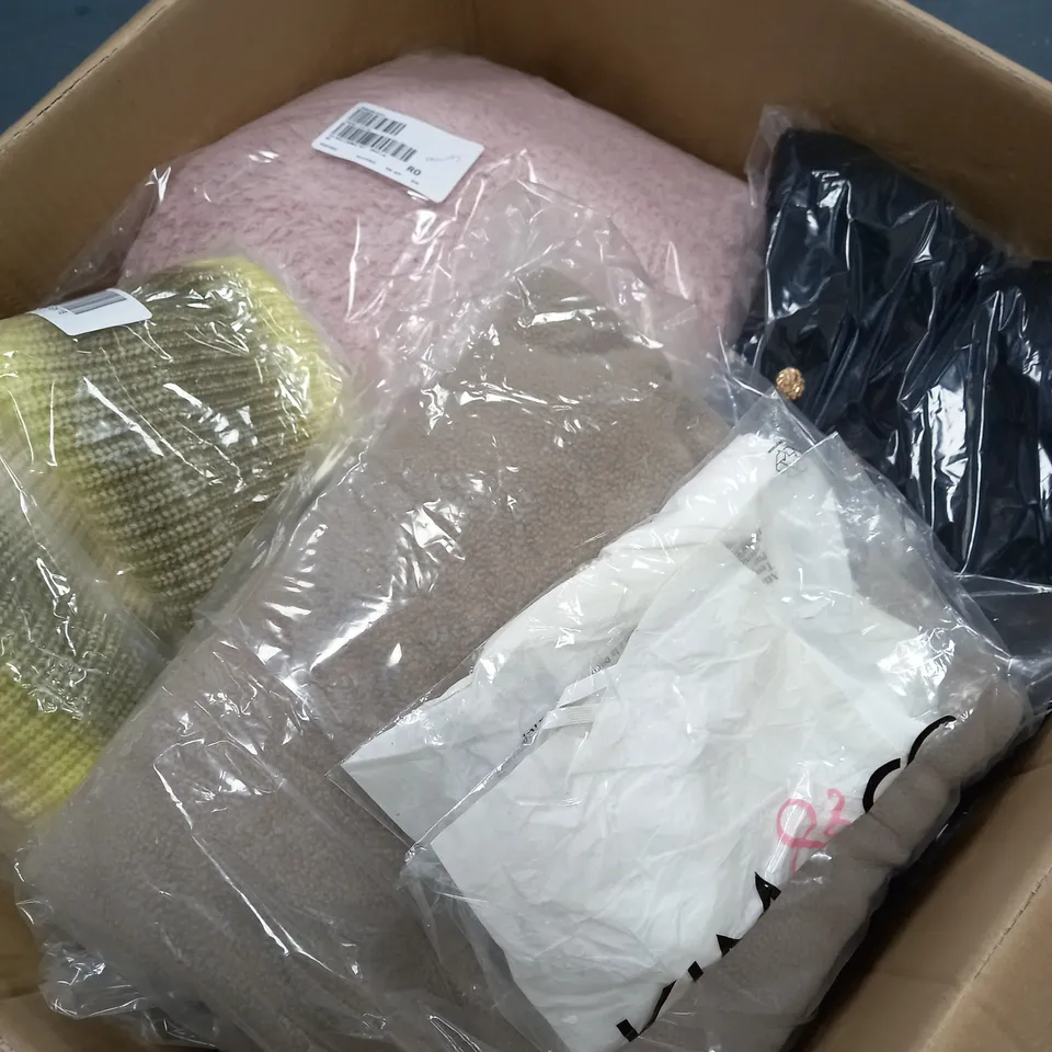 BOX OF ASSORTED CLOTHING ITEMS TOO INCLUDE TOPS , JUMPERS, AND PANTS ETC. 